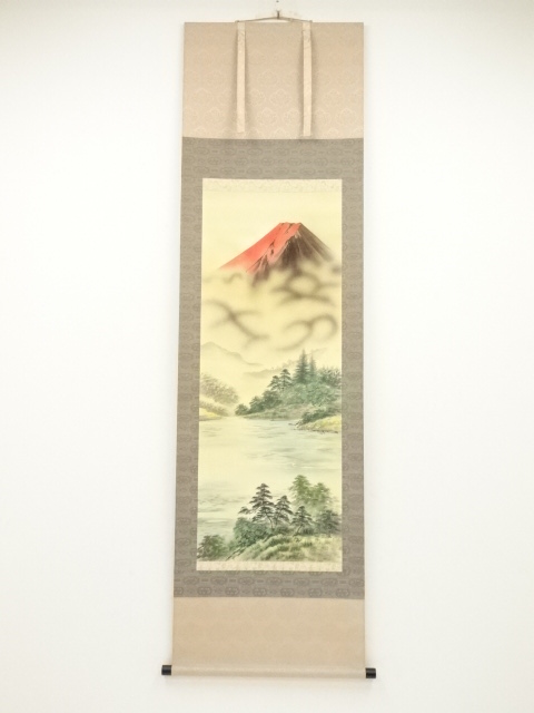 JAPANESE HANGING SCROLL / HAND PAINTED / RED t. FUJI